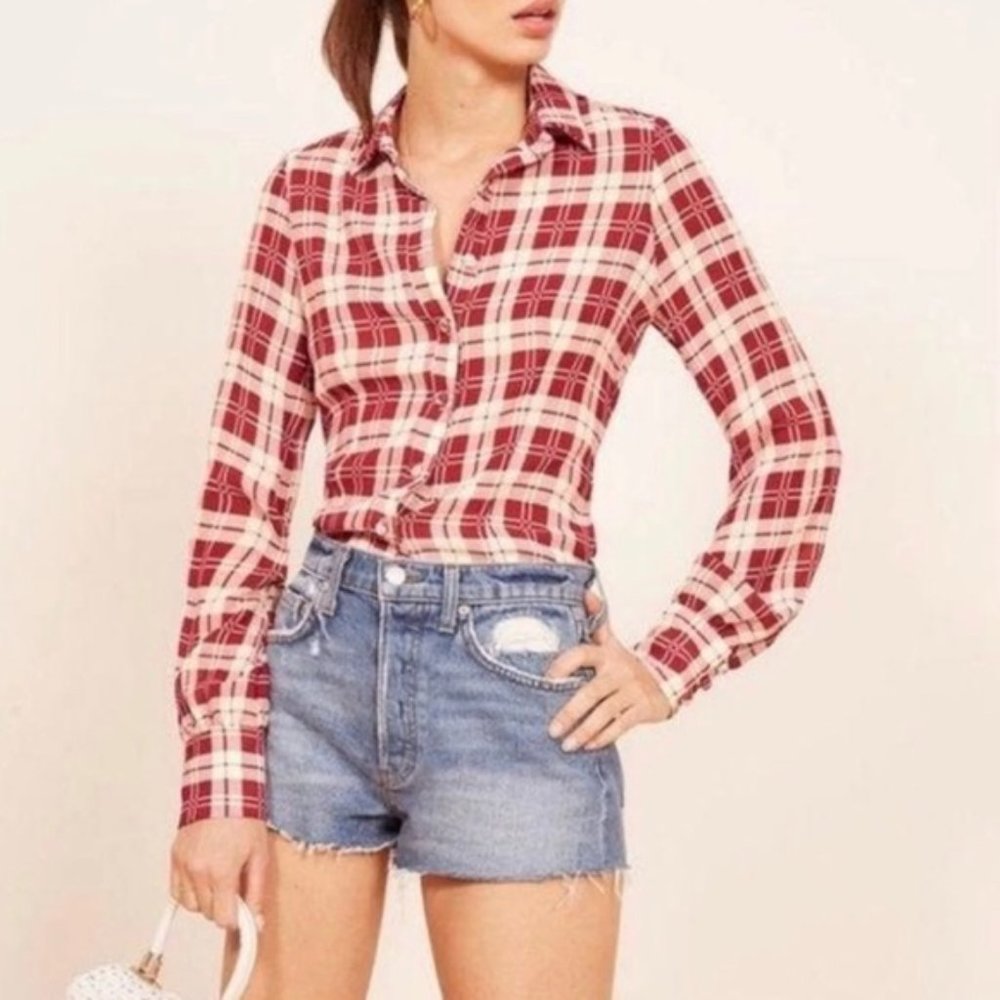 Reformation Red and Cream Plaid Button-Up Shirt